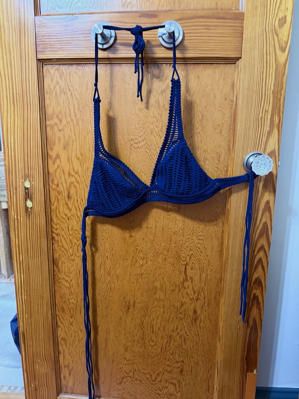 Robin Piccone 2-Piece Navy Blue Crochet Triangle Halter Bikini Set L C
